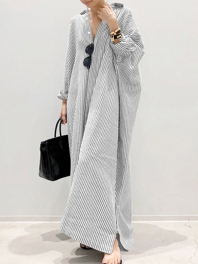 Women's Cotton Linen Loose Striped Shirt Dress