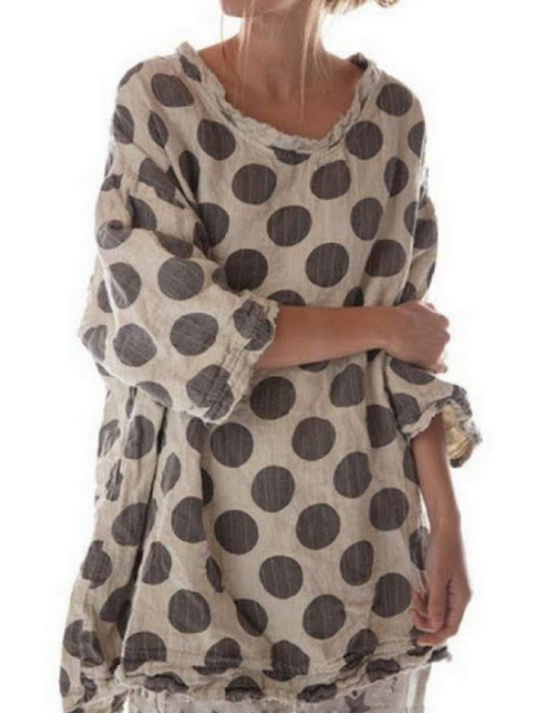 Vintage Dots Pattern Frayed Hem Oversize Tunic