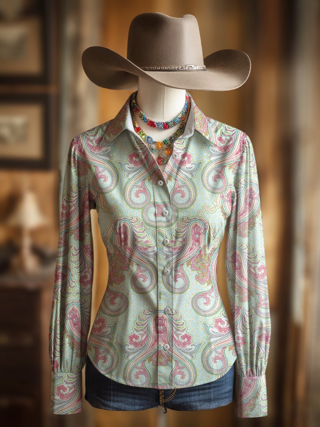 Women's Vintage Paisley Floral Print Western Long Sleeve Shirt