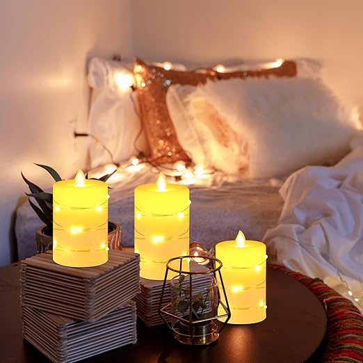 🕯️🕯️LED Candles With Embedded String Lights - (3-Piece Flameless Set)