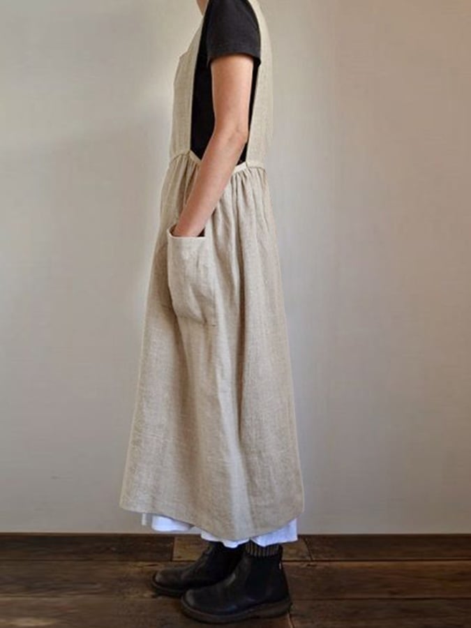 women's cotton linen high waist loose dress