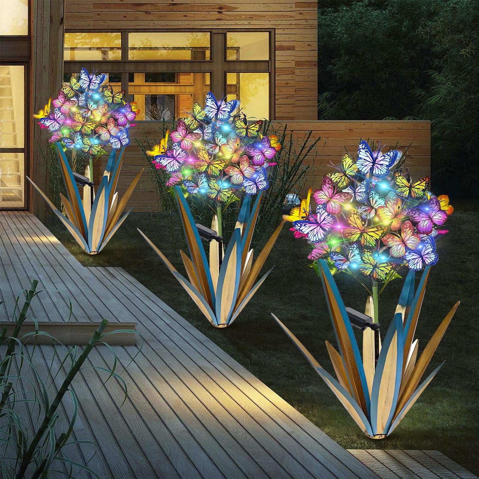 🦋✨ Solar Power Metal Agave Butterfly Flower Fairy Lights 🌵