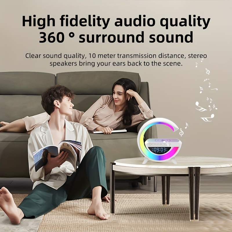 Coolest Alarm Clock Ever: Big G  Wireless Speaker 6 Kinds Of Light Mode Wireless Charging Function Compatible With IOS / Android System Black And White Clock With Timing, White Noise & More!