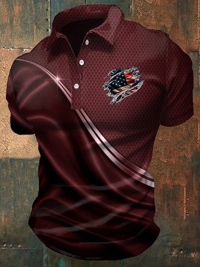 Men's Casual Independence Day Flag Print Polo Shirt