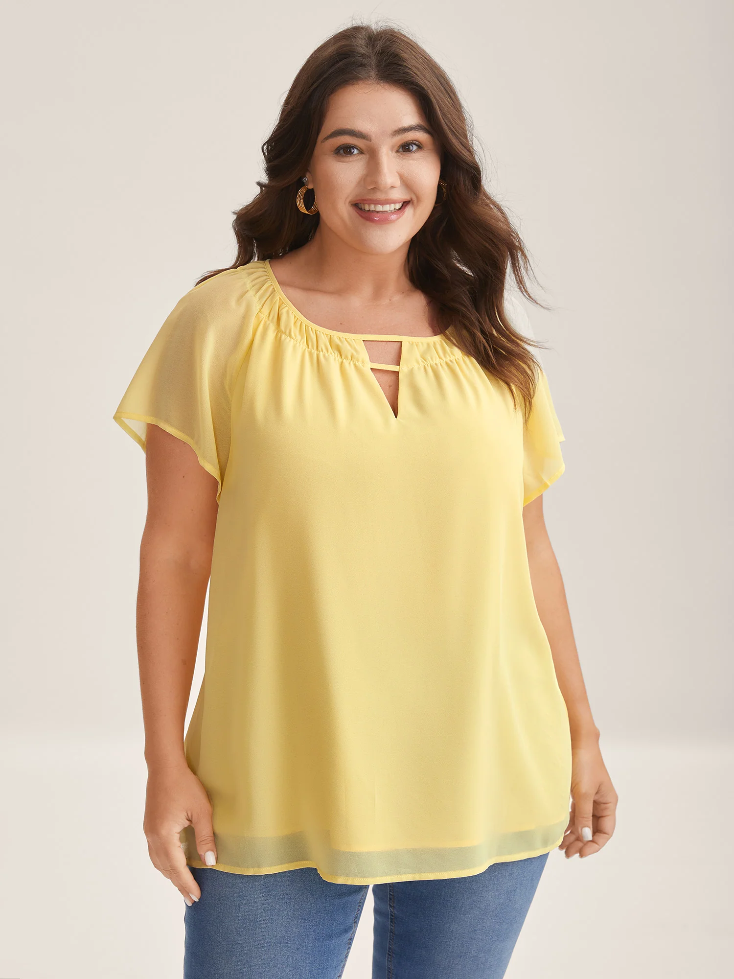 Sheer Lined Neck Cut-Out Blouse