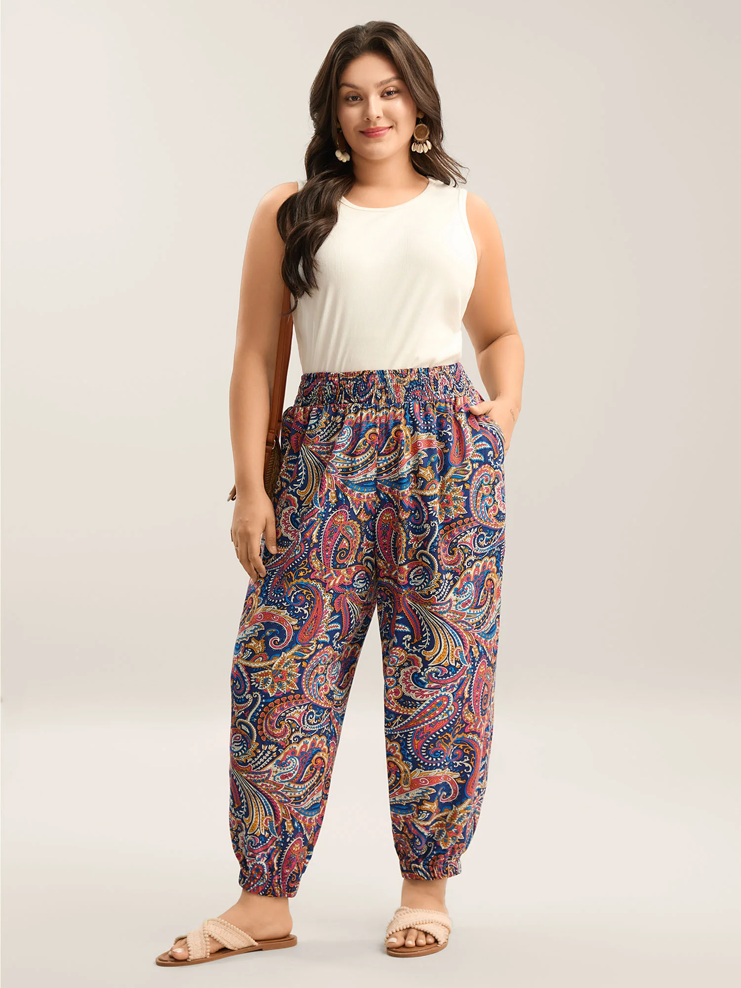 Paisley Print Shirred Waist Jogger Pants
