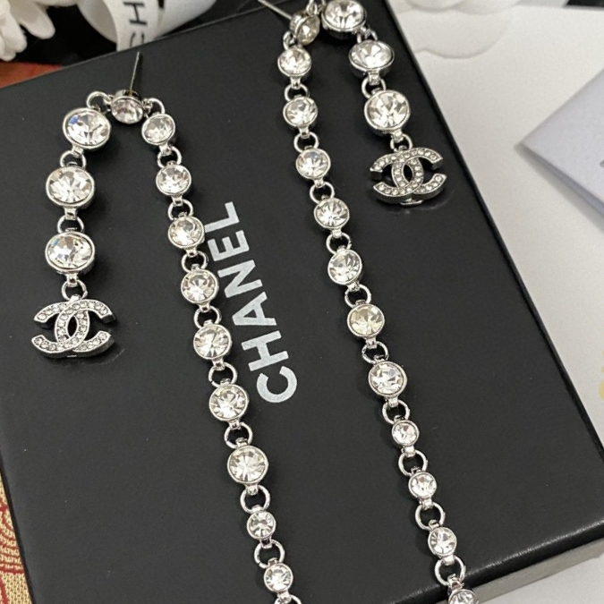 Chanel Silver Round Diamond Long Earrings