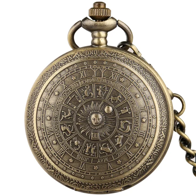 Bronze Engraved Constellation Full Hunter Antique Quartz Pocket Watch for Men Women Necklace Pendant Chain Collectable Timepiece