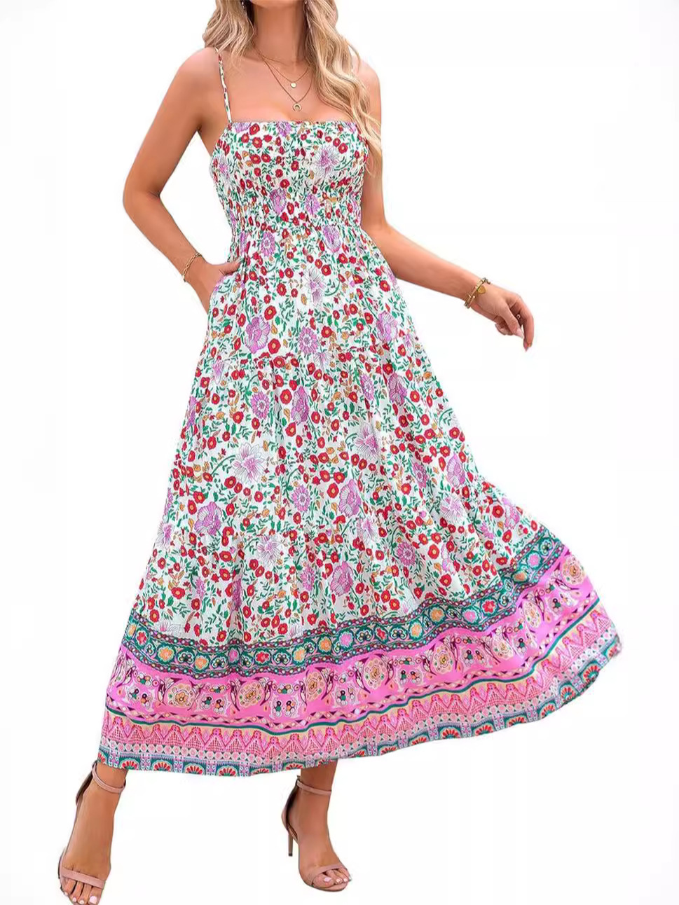 Red and green Retro Floral Bohemian dress with adjustable shoulder straps