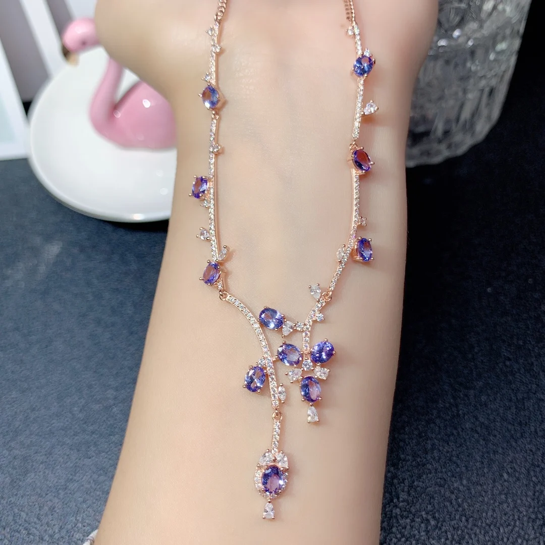925 Silver Personality Natural Tanzanite Necklace Chain Row Jewelry Pure Beauty women's luxury jewelry certified boutique