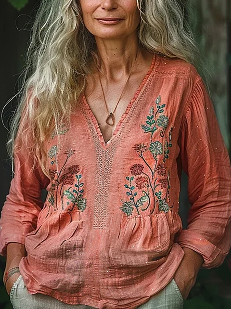 Bohemian Ethnic  Floral Linen Art Print Long Sleeve V-neck Shirt