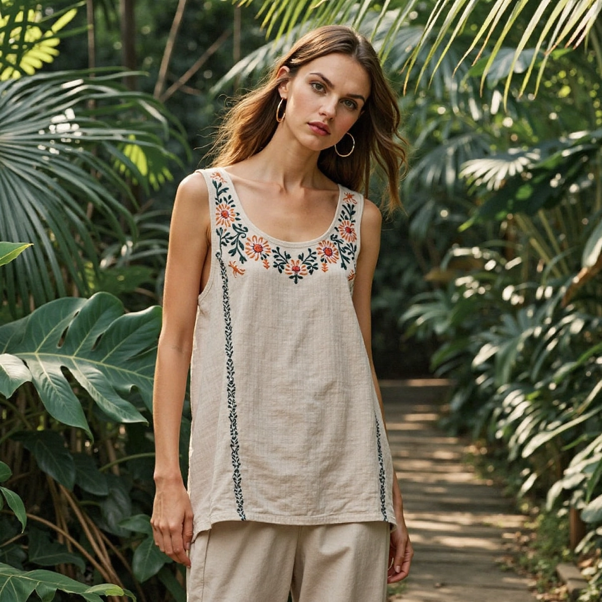 Women's Bohemian Floral Embroidered Linen Sleeveless Top