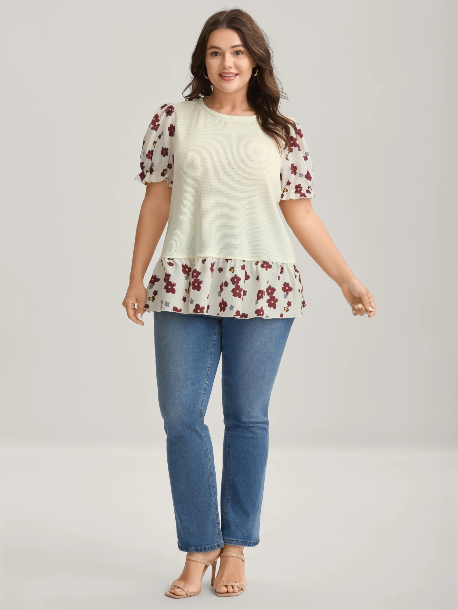 Floral Detail Waffle Contrast Knit Top