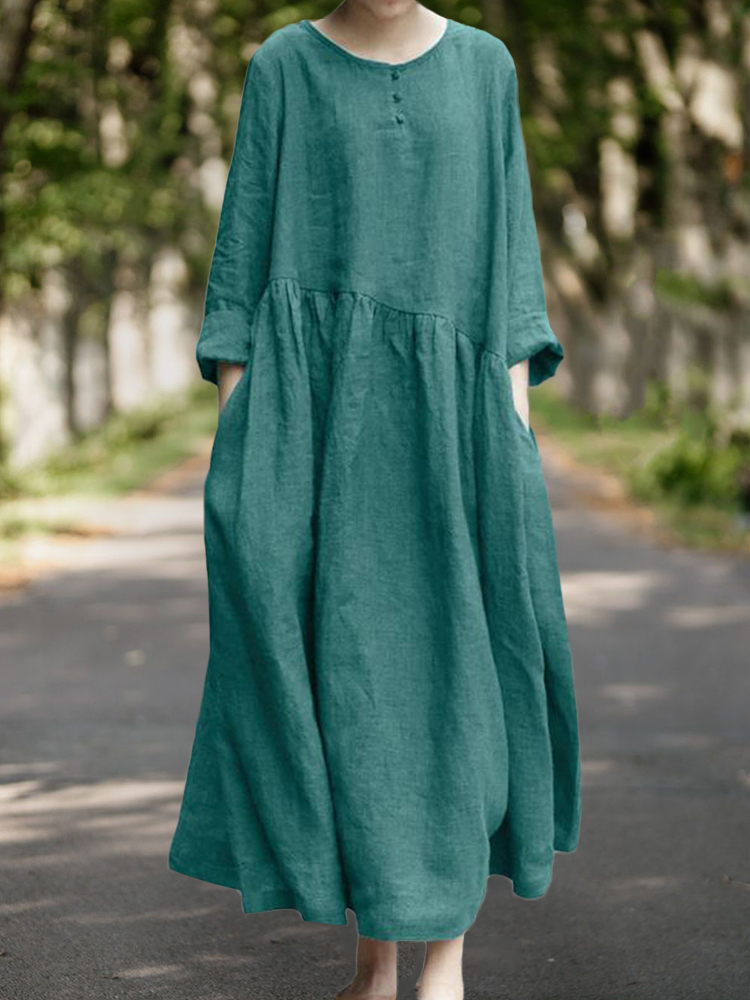 Vintage Pleated Wide Skirt Maxi Dress