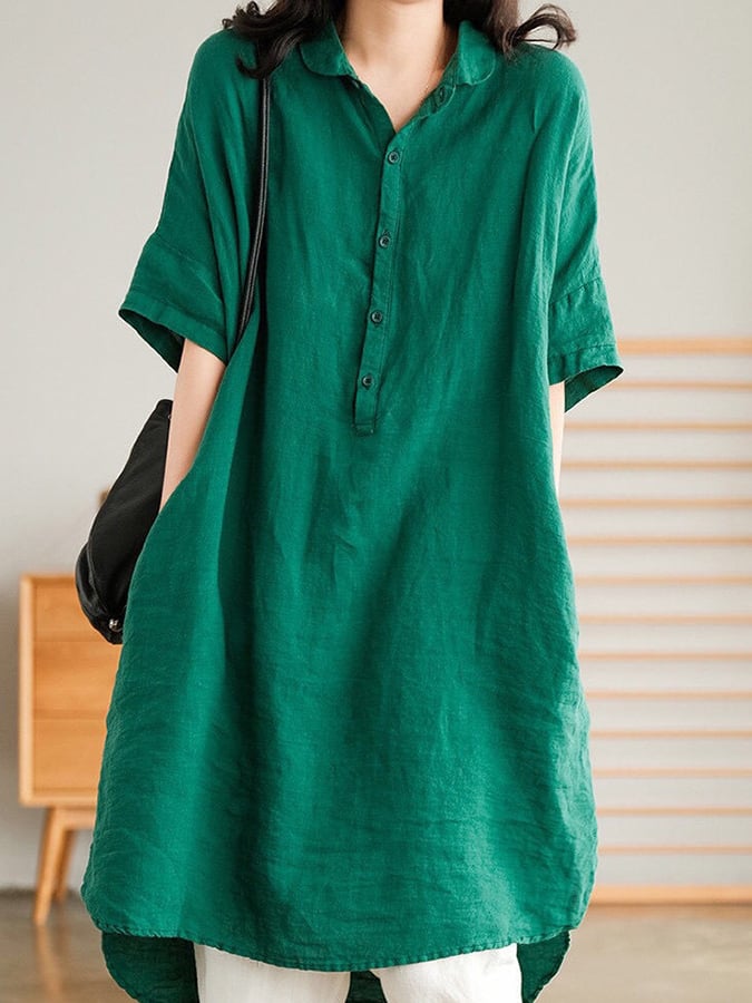 Medium Length Solid Cotton Linen Shirt