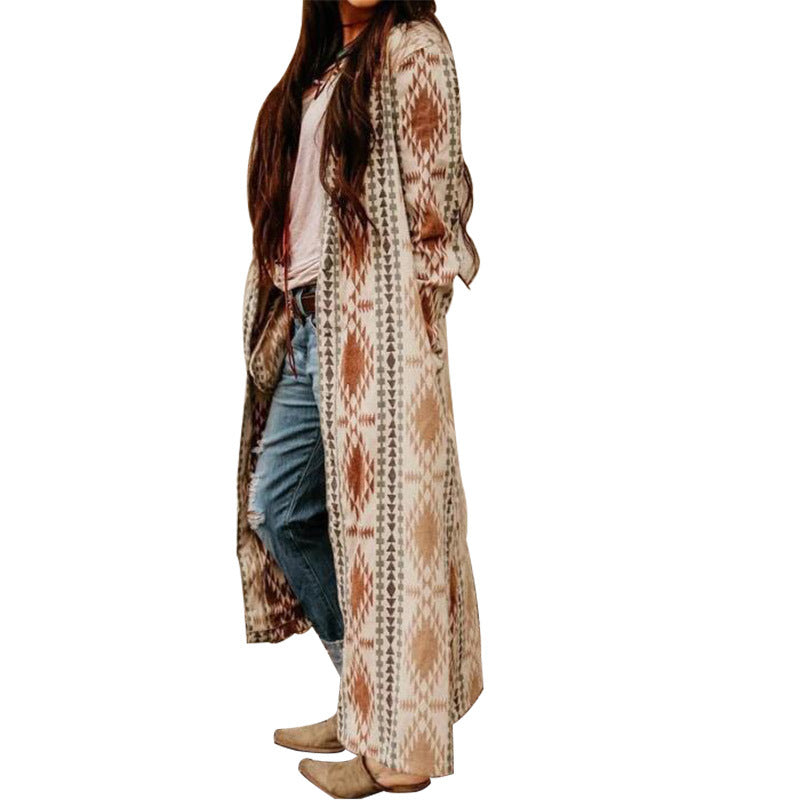Printed Long Sleeve Long Knit Coat