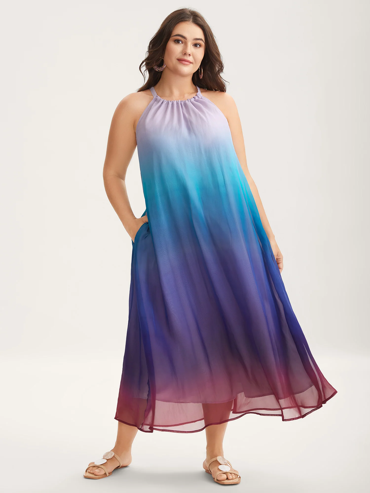 Ombre Gradient Pockets Sheer Midi Dress