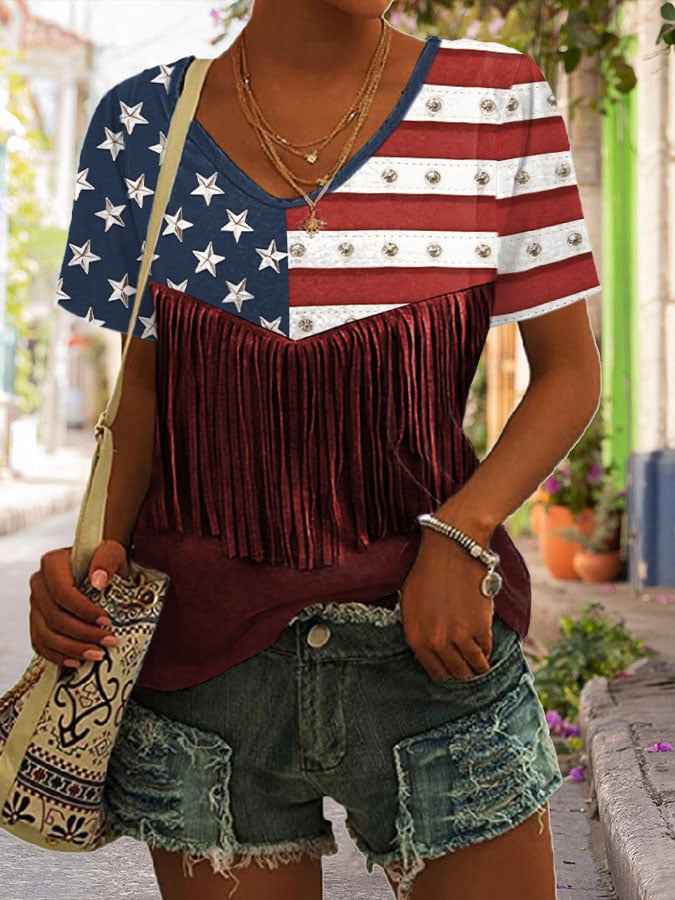 Women's Independence Day Flag Denim Blue Print V-Neck T-Shirt