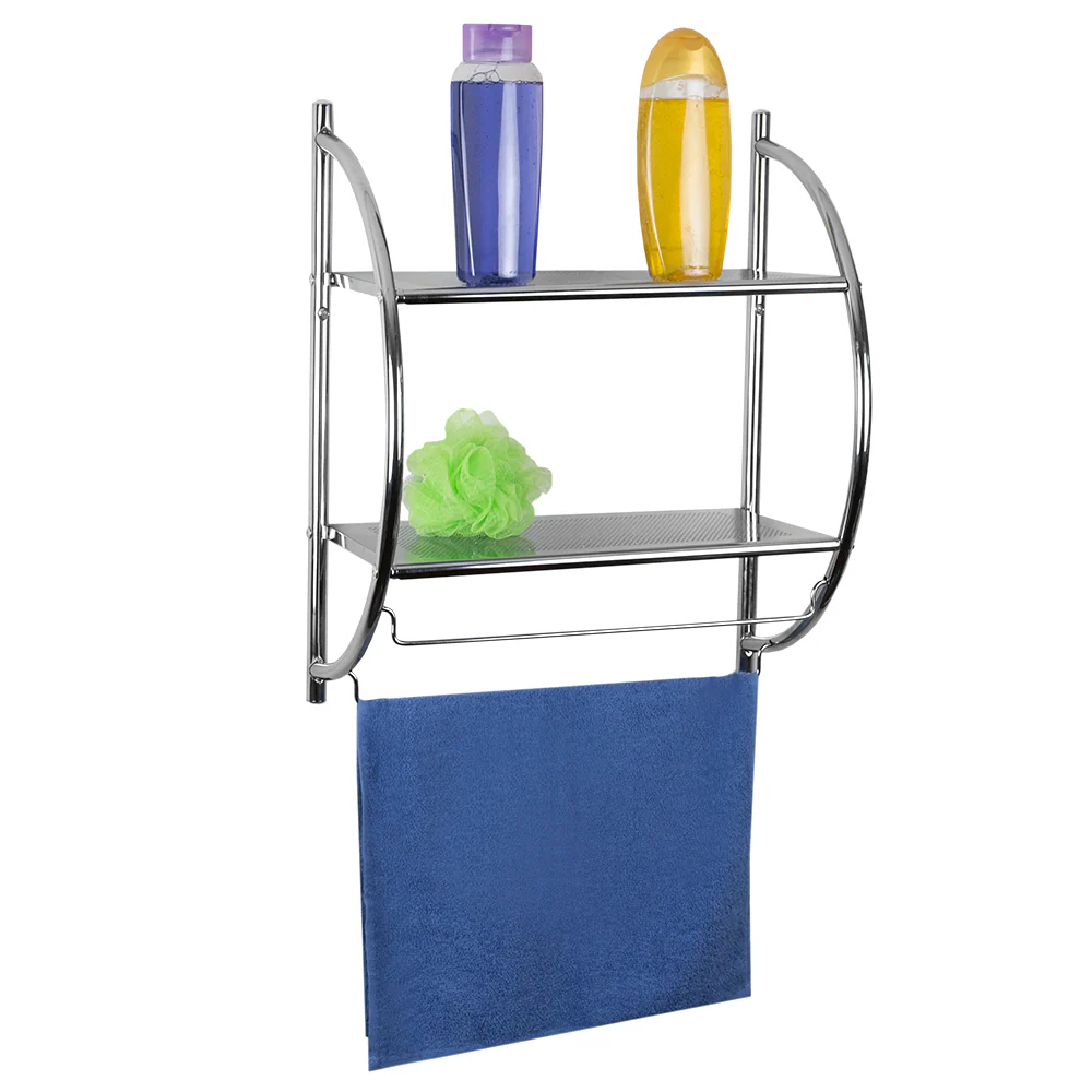 2-Tier Bathroom Shelf With Towel Bars - Chrome Finish