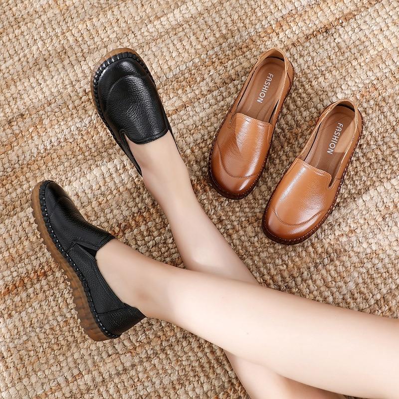 Genuine Leather Round Toe Flats Ladies Shoes for Bunions
