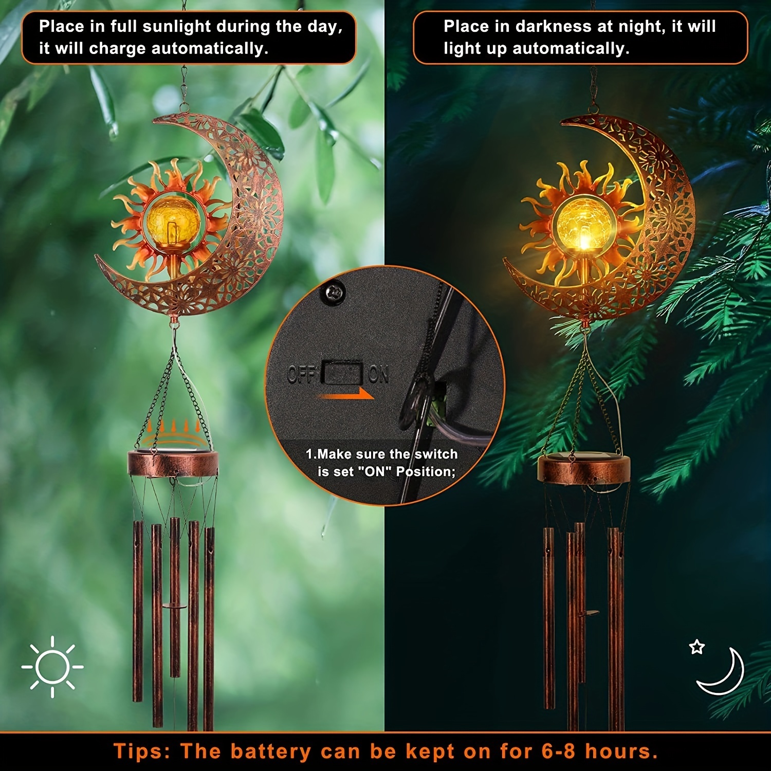 1pc, Wind Chimes, Sun Crackle Glass Ball Solar Wind Chimes With Metal Tubes Waterproof, Unique Hanging Decor, Scene Decor, Home Decor, Wedding Decor, Holiday Decor, Party Decor, Celebration Decor, Outdoor Decor, Yard Decor, Garden Decor