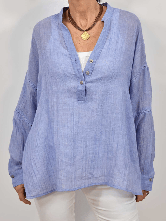Women's Solid Color V-Neck Lace Splicing Design Casual Cotton And Linen Shirt