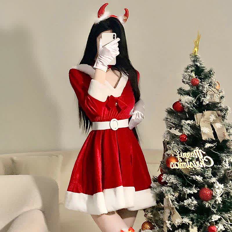 Bunny Ears Bow Knot V-neck Hooded Dress With Belt