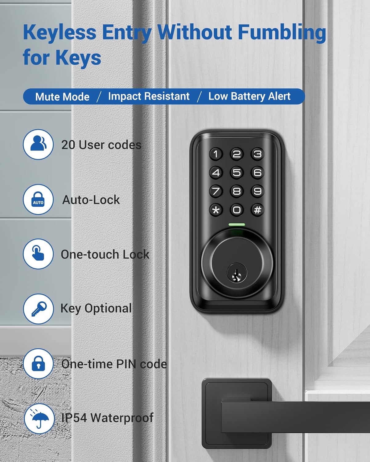 Veise Keyless Entry Door Lock, Electronic Keypad Deadbolt Lock, Auto Lock, 1 Touch Locking & 20 User Codes, Anti-Peeking Password, Easy Installation Design - Matte Black