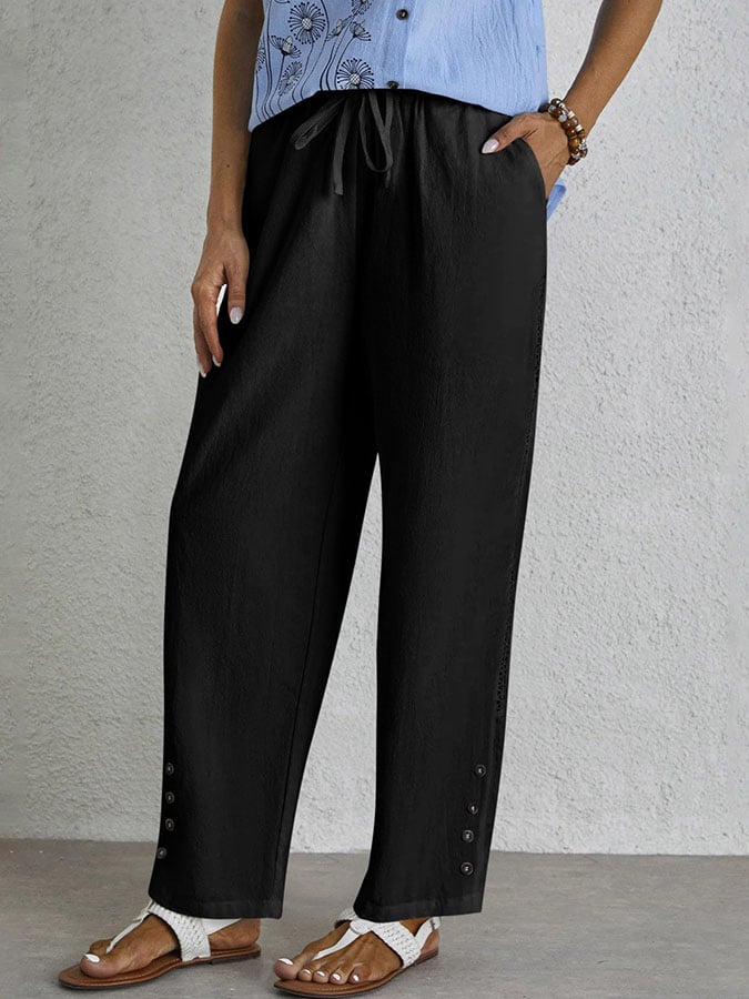 Casual Elegant Lace-Up With Pockets Buttons Lace Side Cotton Linen Trousers