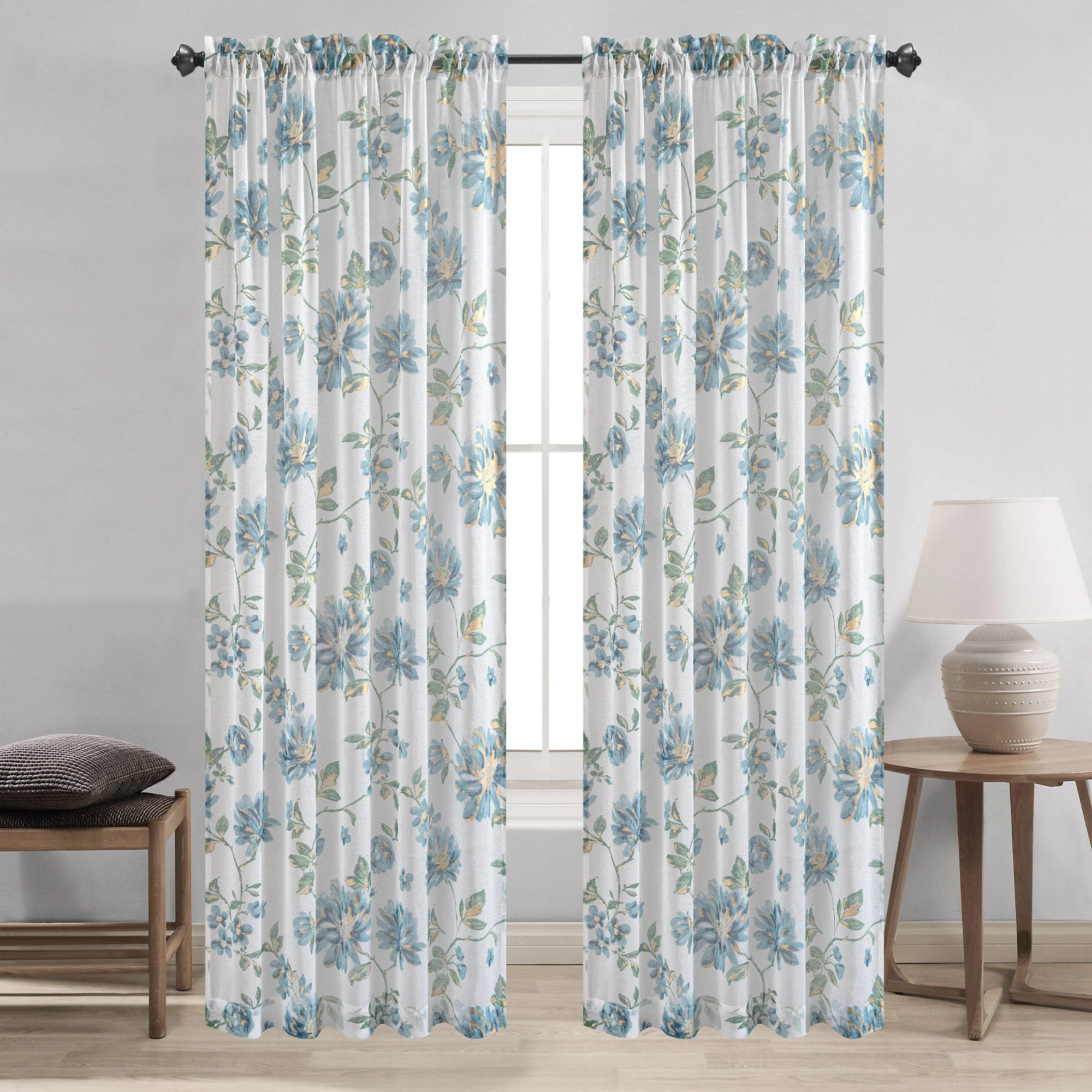 Anna Sheer Metallic Floral Rod Pocket Window Panel & Waterfall Valance, All Sold Separately