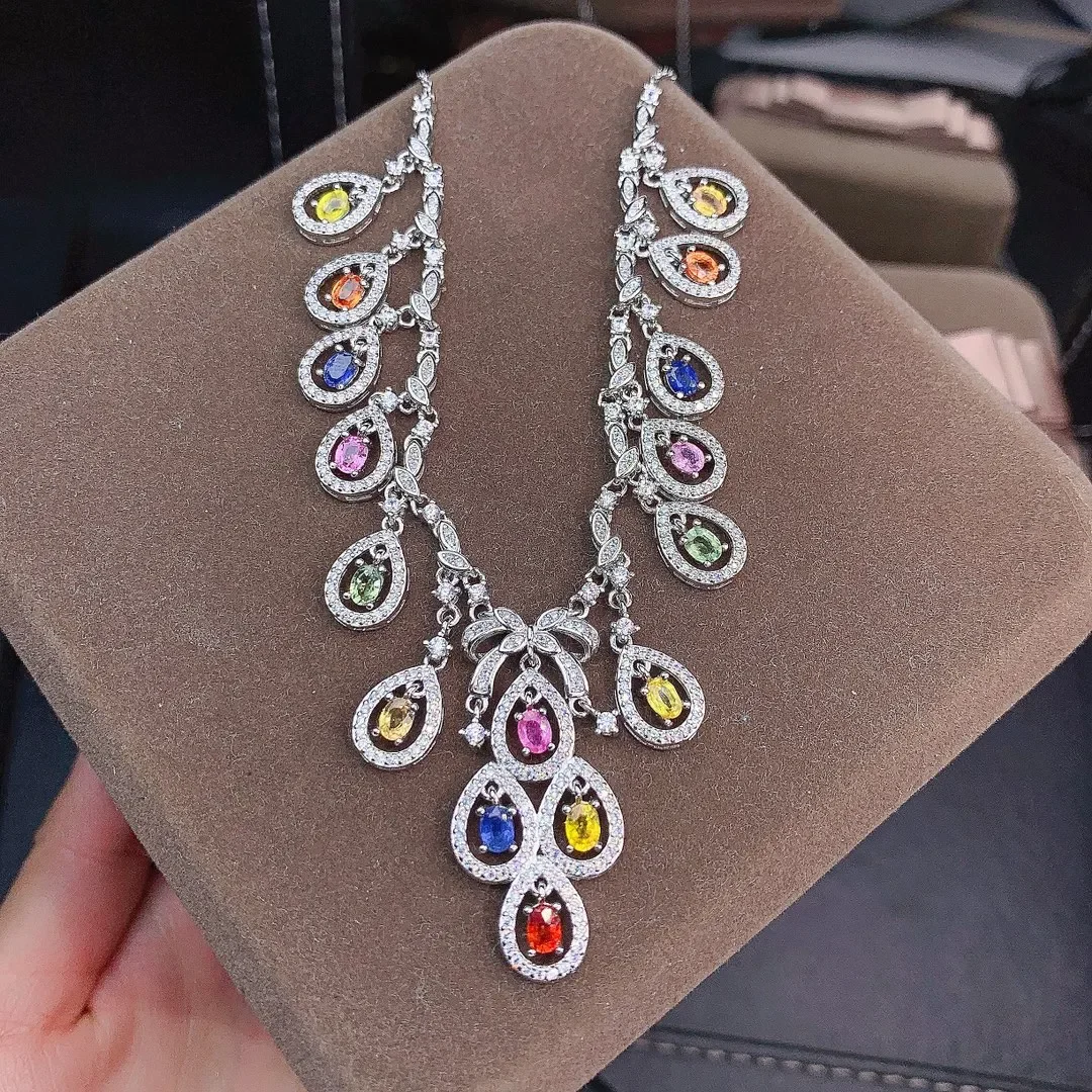 925 Sterling silver natural color sapphire necklace Jewelry Fire color good beauty women's luxury jewelry certified boutique