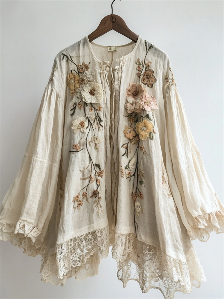 Vintage Floral Fiber Art Hollow Lace Hem Blouse
