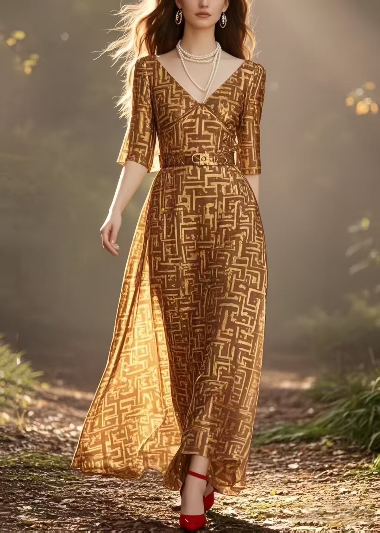 Plus Size Brown Cinched Print Chiffon Long Dress Half Sleeve