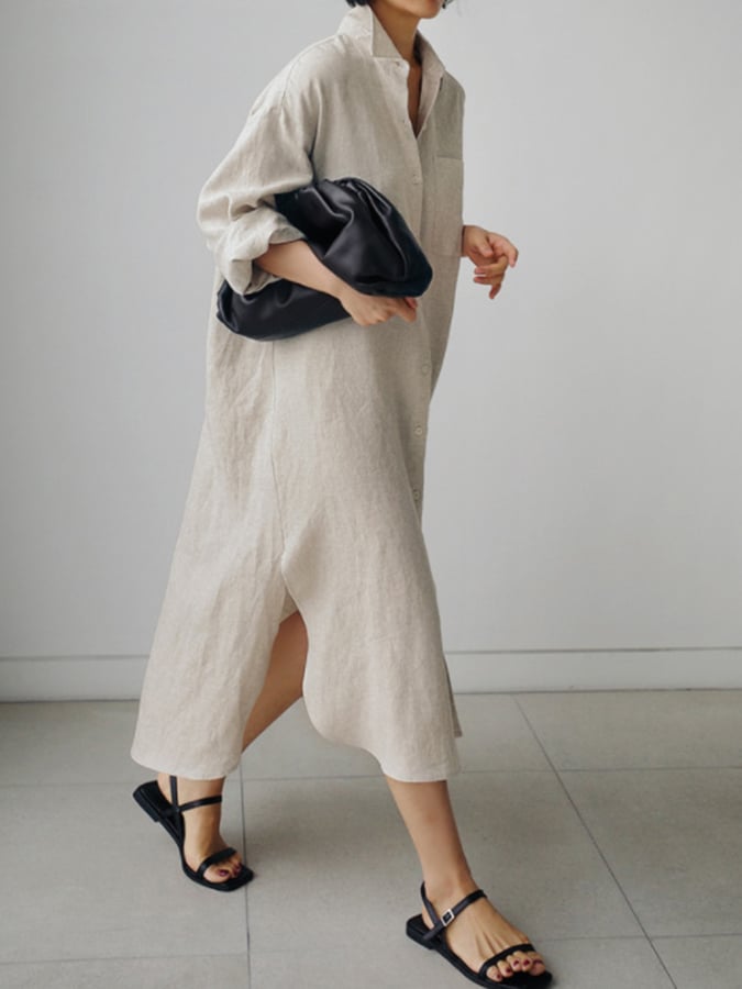Women's Solid Color Single-Breasted Mid-Length Loose Cotton And Linen Casual Dress