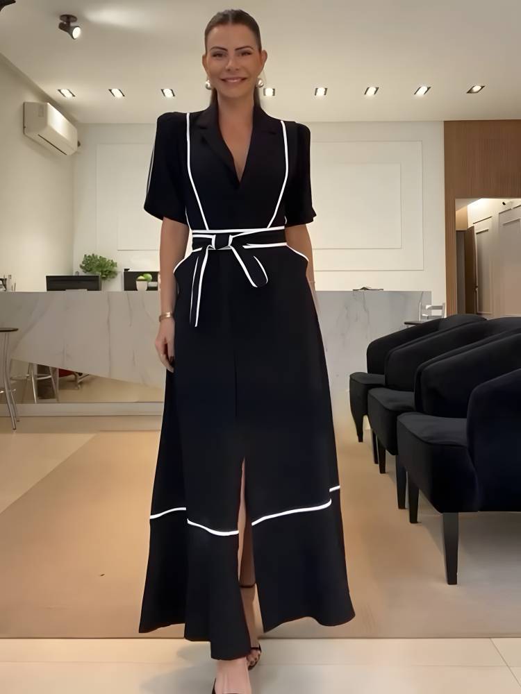 Tight Waist Belt Bubble Short-Sleeved Suit Dress