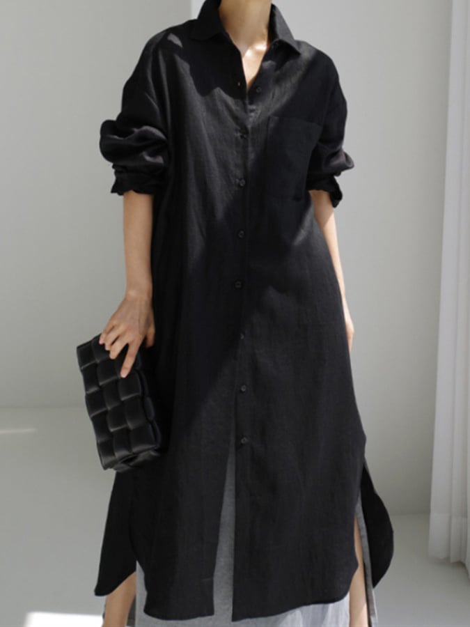 Women's Solid Color Single-Breasted Mid-Length Loose Cotton And Linen Casual Dress