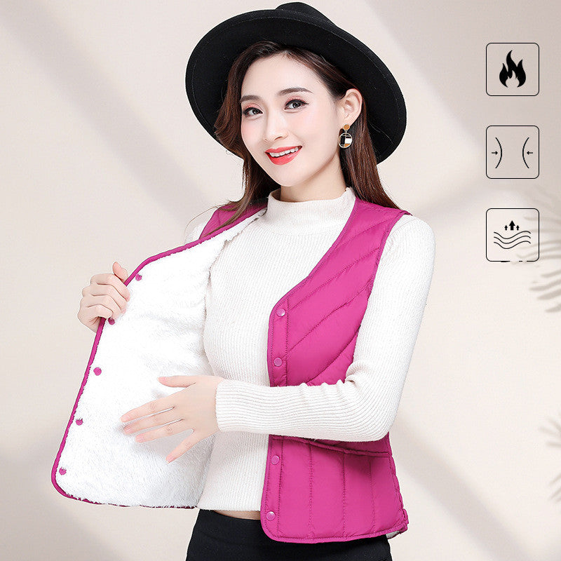 Short Down Cotton Vest for Women, Warm and Thickened with Lamb Velvet