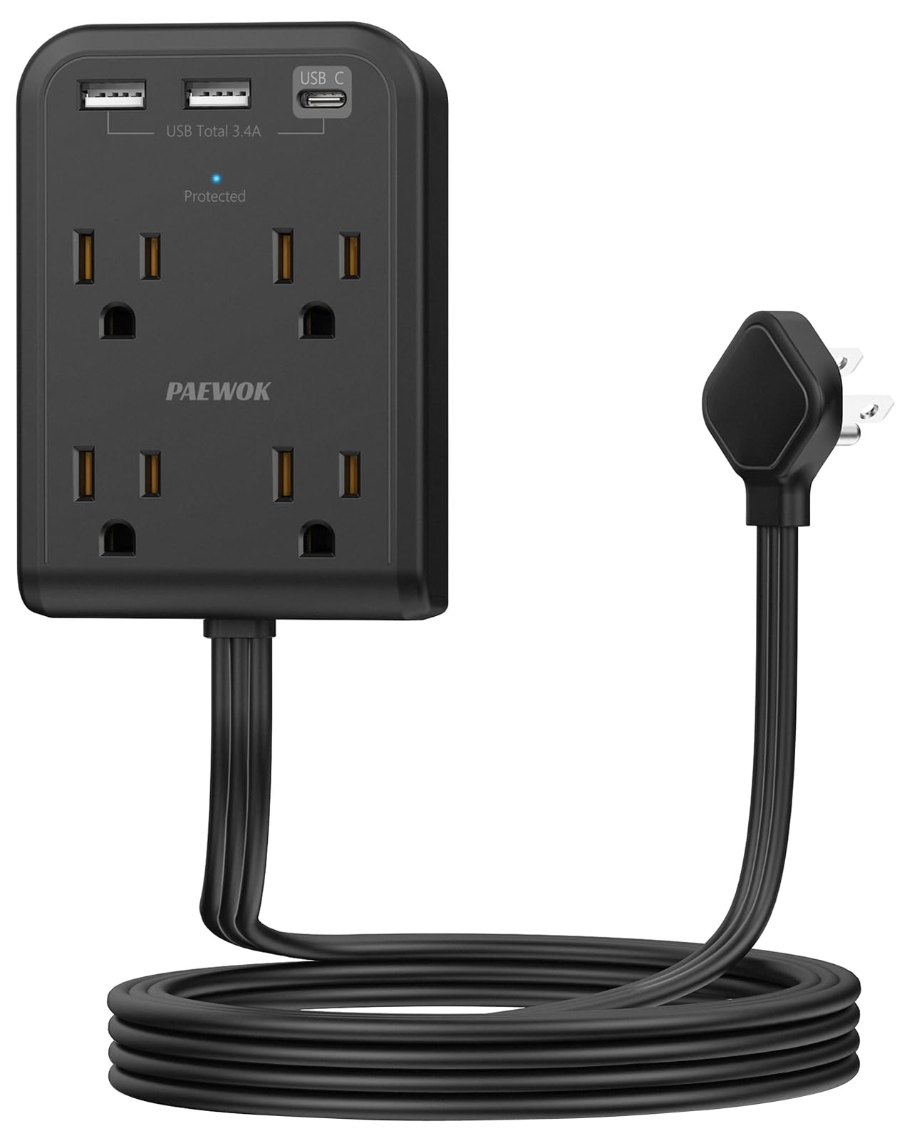 Flat Multi Plug Extender with 3 USB Wall Charger(1 Type C), 4 Outlet Wall Adapter, 6 ft Thin Extension Cord