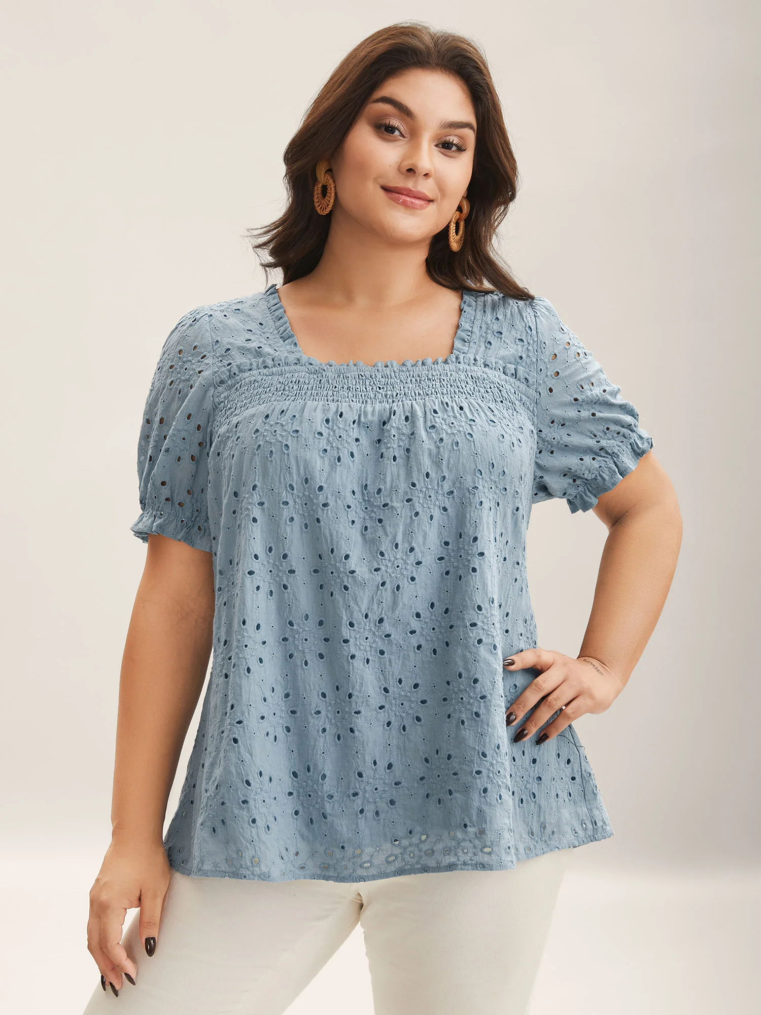 Eyelet Trim Shirred Neck Puffy Sleeve Blouse