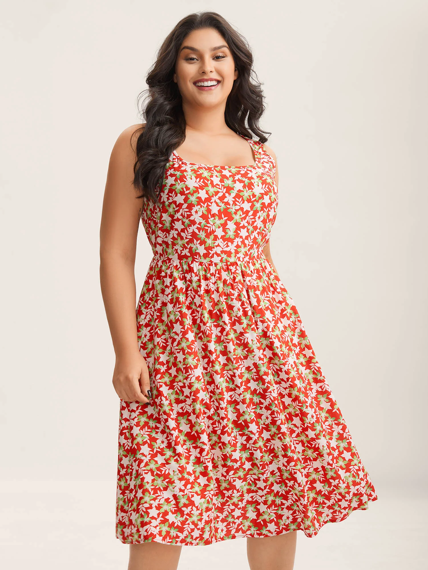 Floral Print Sleeveless Pockets Midi Dress