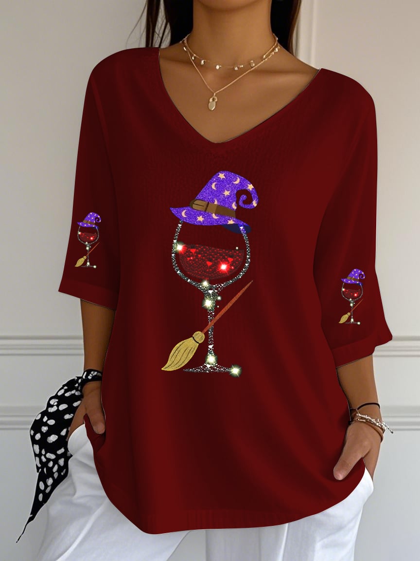 Women's Halloween Sequined Red Wine Glass T-shirt