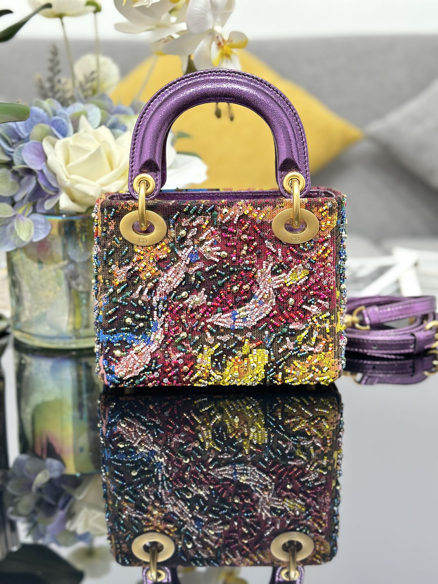 Dior Lady three-grid art embroidery limited edition Princess Diana bag M0505