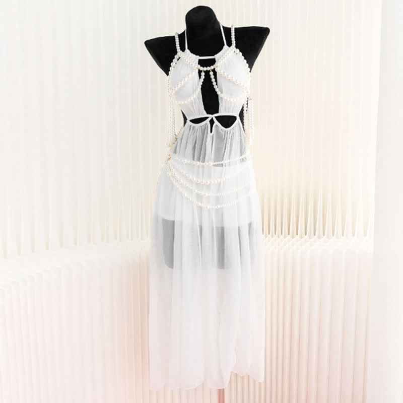 Hollow out See-through Backless Pearl String Slit Lingerie Dress