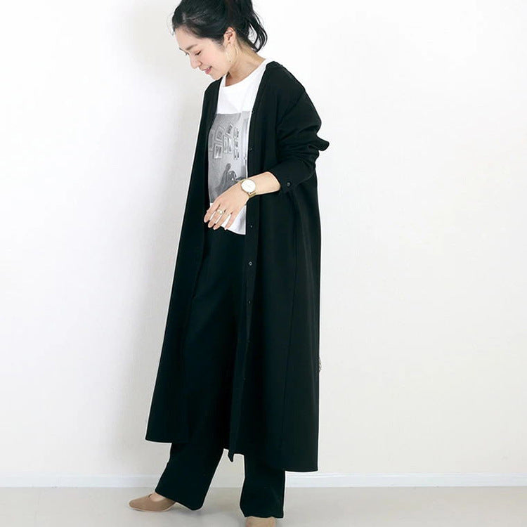 Autumn Winter Shirt Base Dress Women Solid Color Loose Casual V neck Maxi Dress