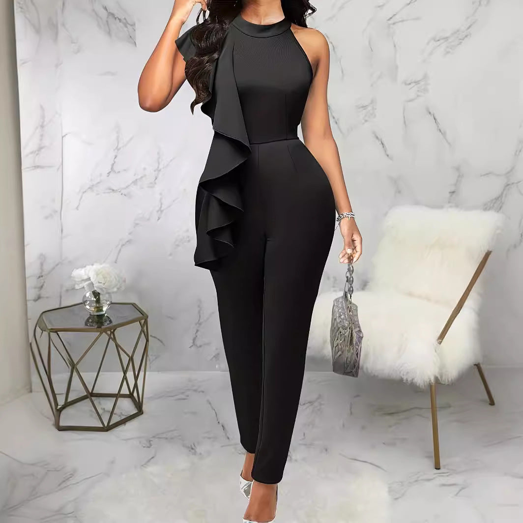 Sleeveless Summer Jumpsuit with Casual Pure Color and Ruffled Design for Women