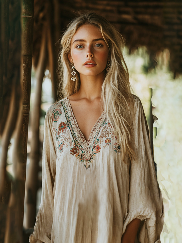 Boho Floral Tribal Embroidery Print Cotton And Linen Blend Loose Blouse