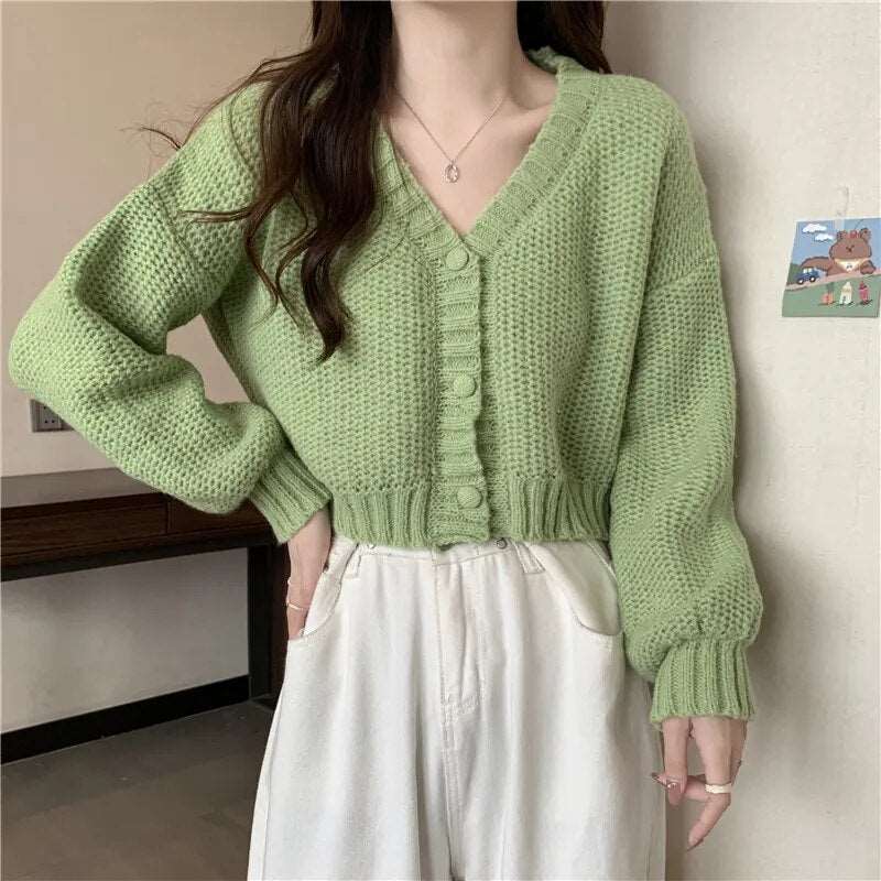 Button-Up V-Neck Knit Cardigan