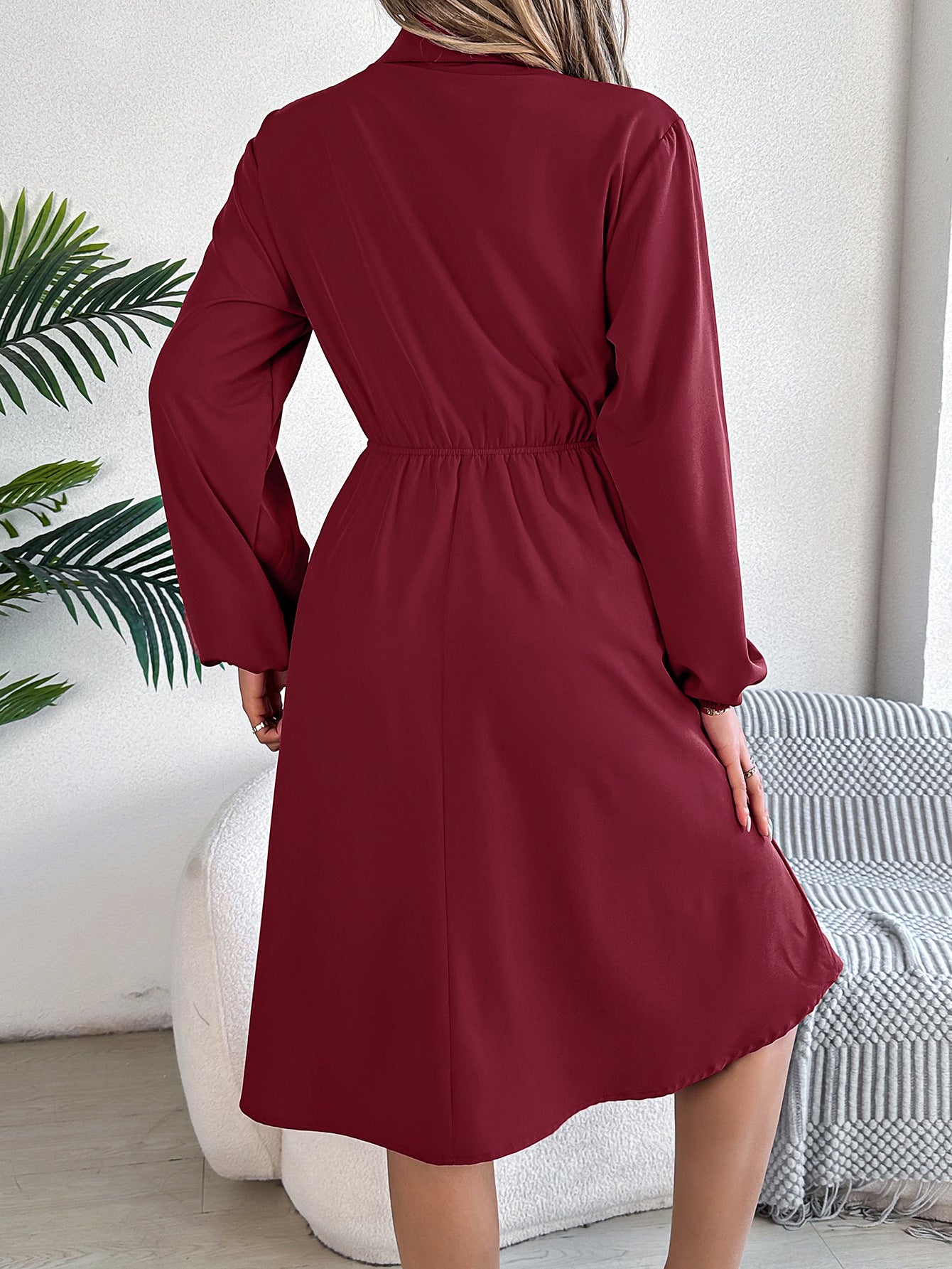 Real Shot Autumn Winter Casual Button Lace up Waist Controlled Long Sleeves Shirt Dress Women Clothing