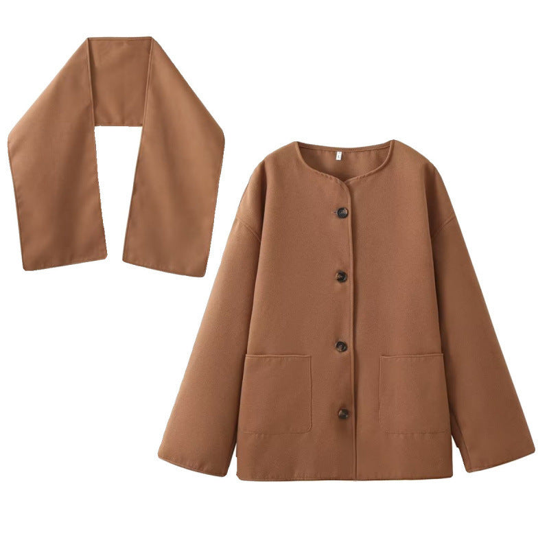 Short Woolen Coat with Scarf Collar and Loose Fit Design