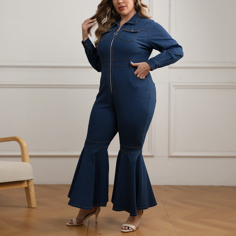 Plus Size Women Denim Zipper Collared Long Sleeve Flared Jumpsuit